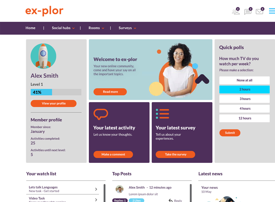 A screenshot of ResearchBods community insight platform, Ex-plor