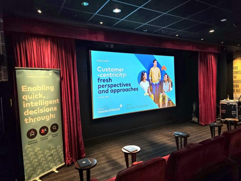 big screen with event presentation and banner on the side in a cinema room