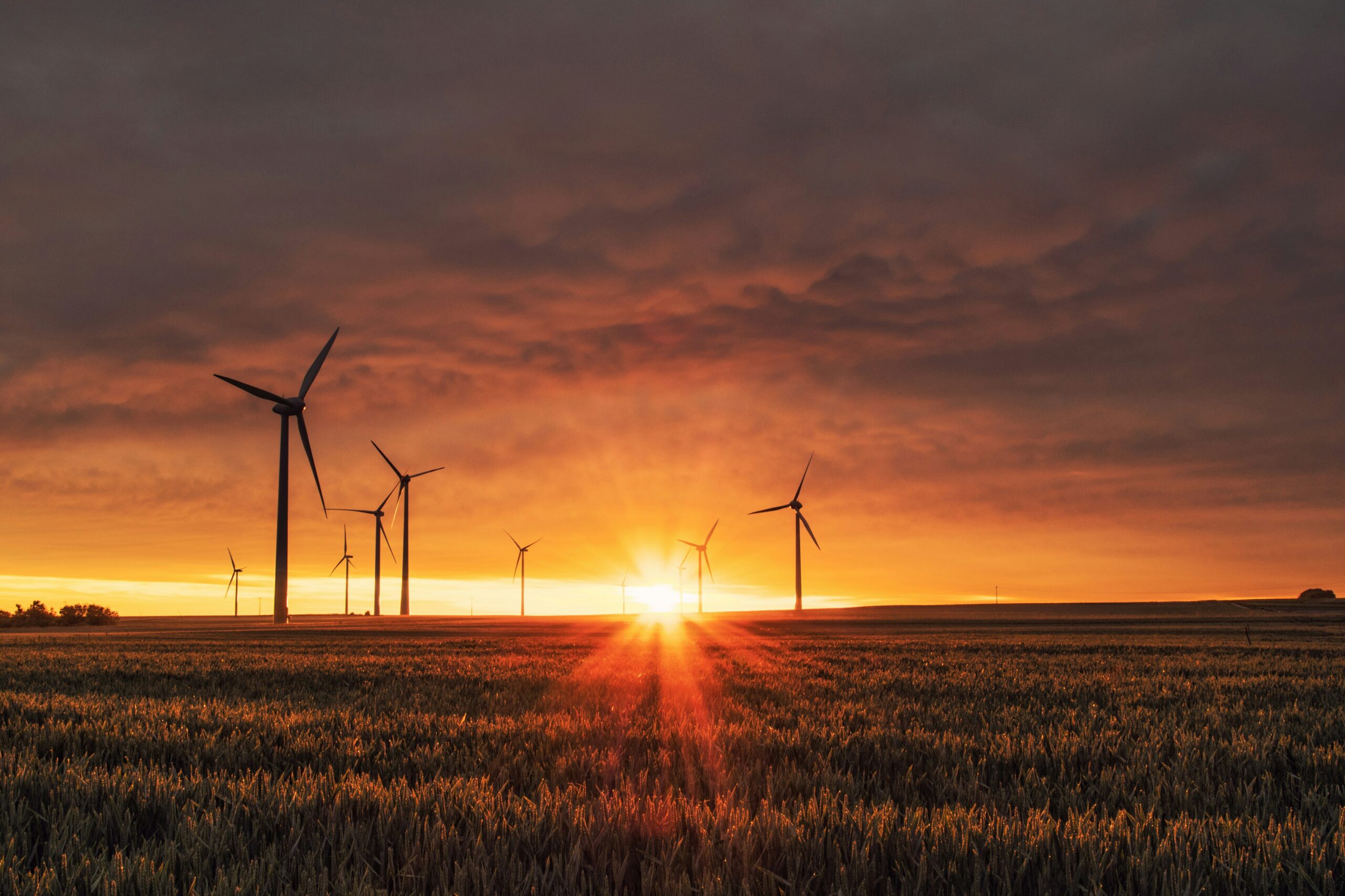 wind turbines with a sunset in the background