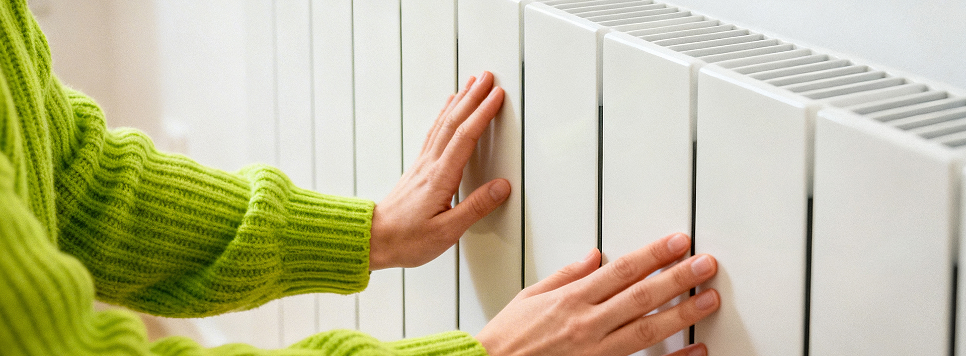 A pair of hands are touching a radiator